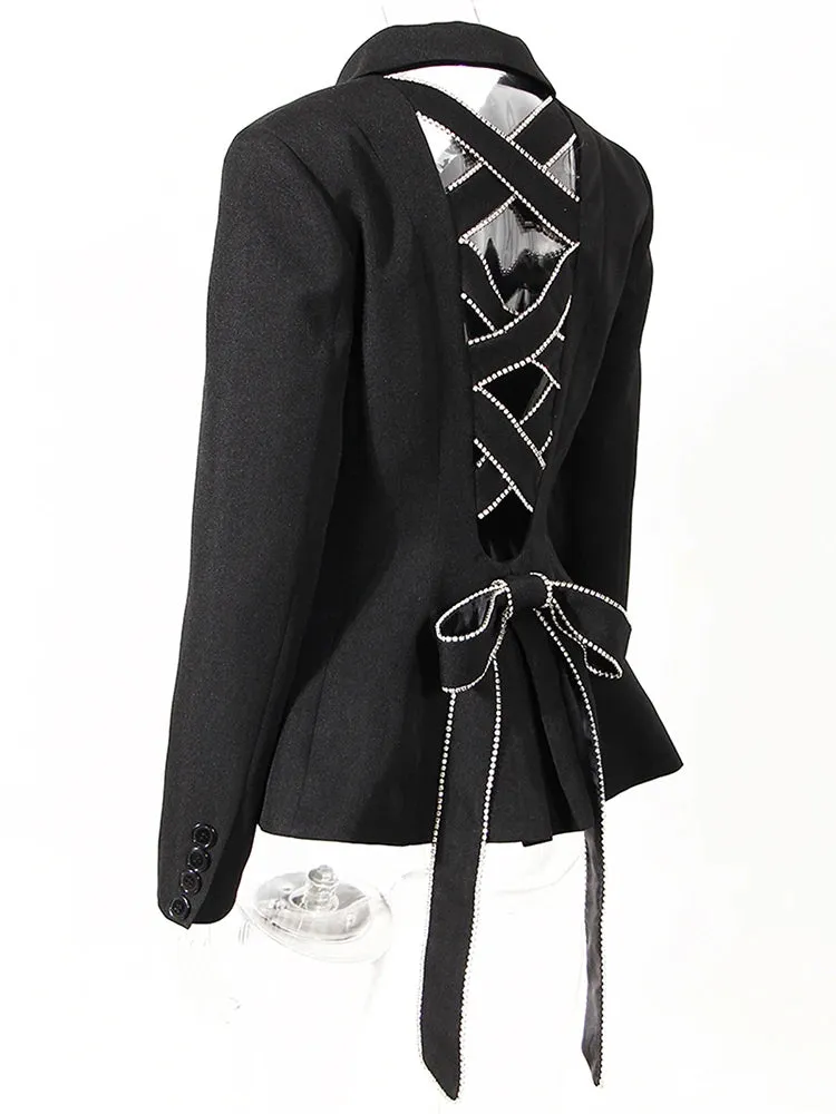 Trendy Black Bow Hollow Out Rhinestones Blazer Jacket