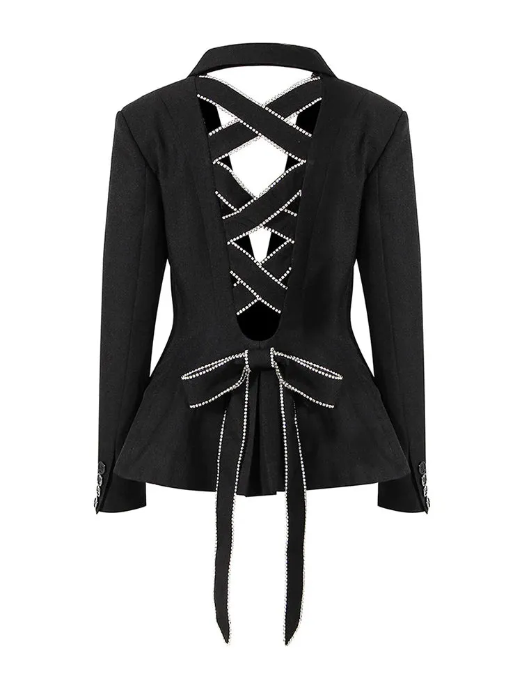 Trendy Black Bow Hollow Out Rhinestones Blazer Jacket