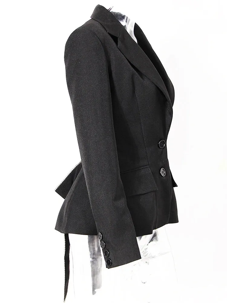 Trendy Black Bow Hollow Out Rhinestones Blazer Jacket