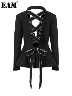 Trendy Black Bow Hollow Out Rhinestones Blazer Jacket