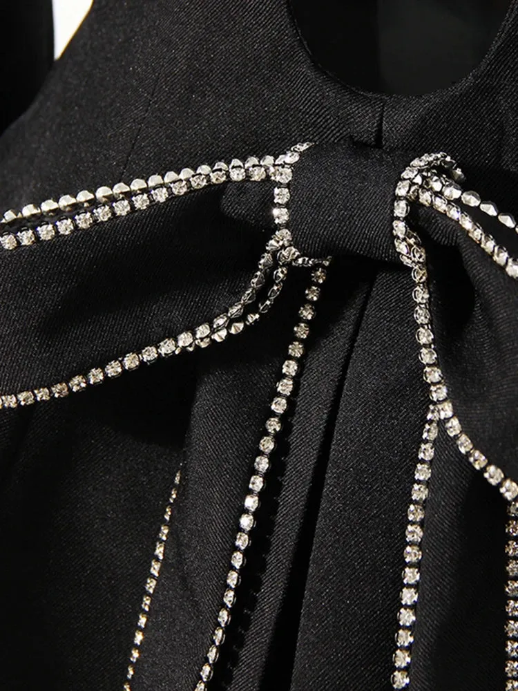 Trendy Black Bow Hollow Out Rhinestones Blazer Jacket