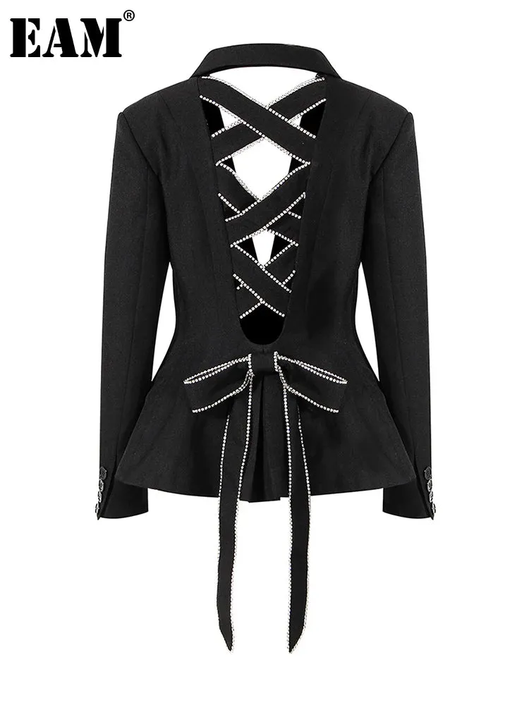 Trendy Black Bow Hollow Out Rhinestones Blazer Jacket