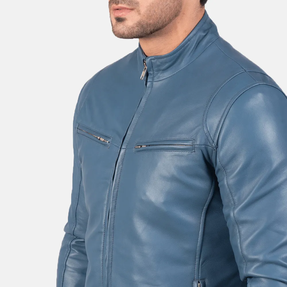 Turbo Blue Men Leather Motorcycle Jacket