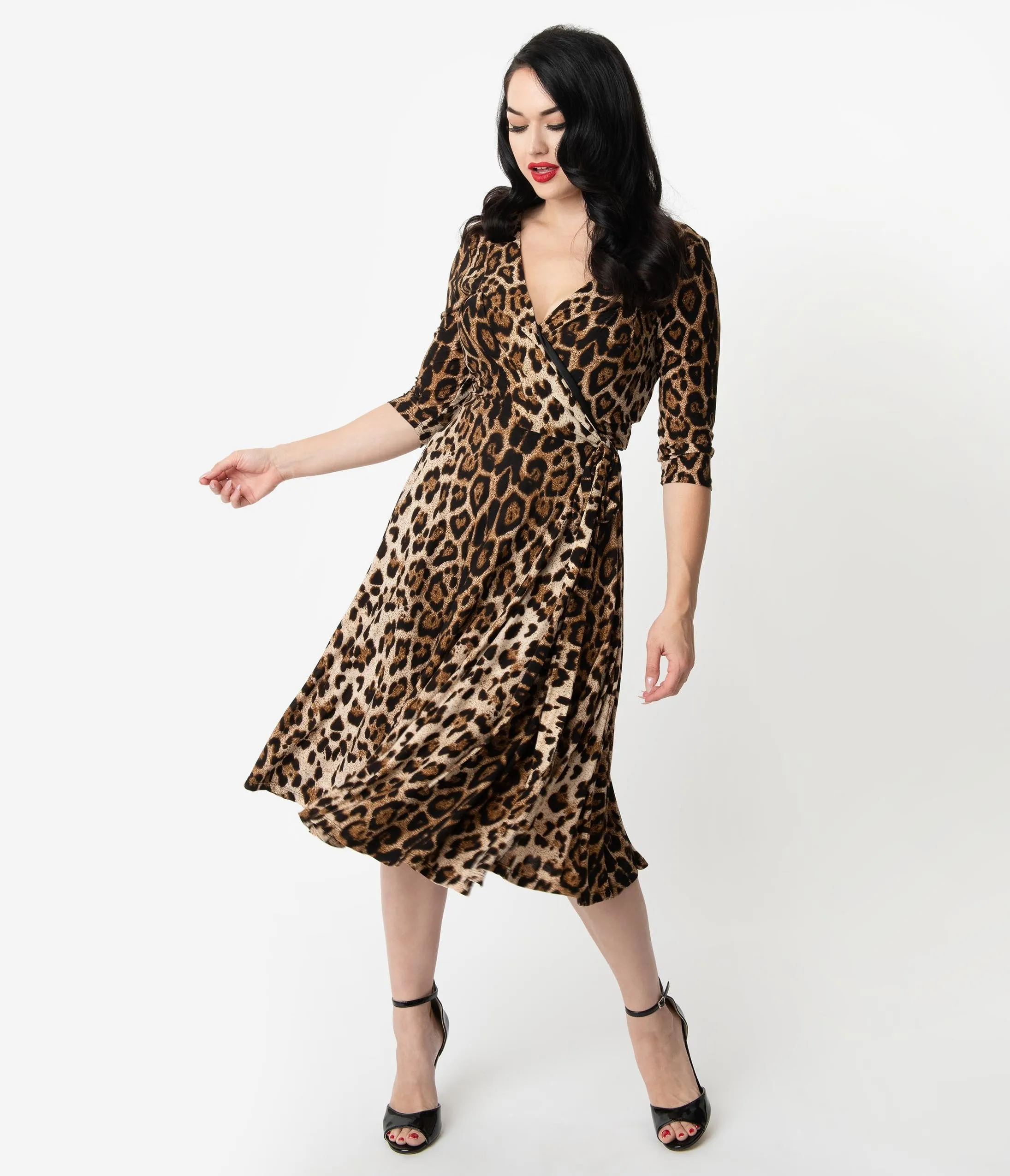 Unique Vintage Leopard Print Sleeved Kelsie Wrap Dress