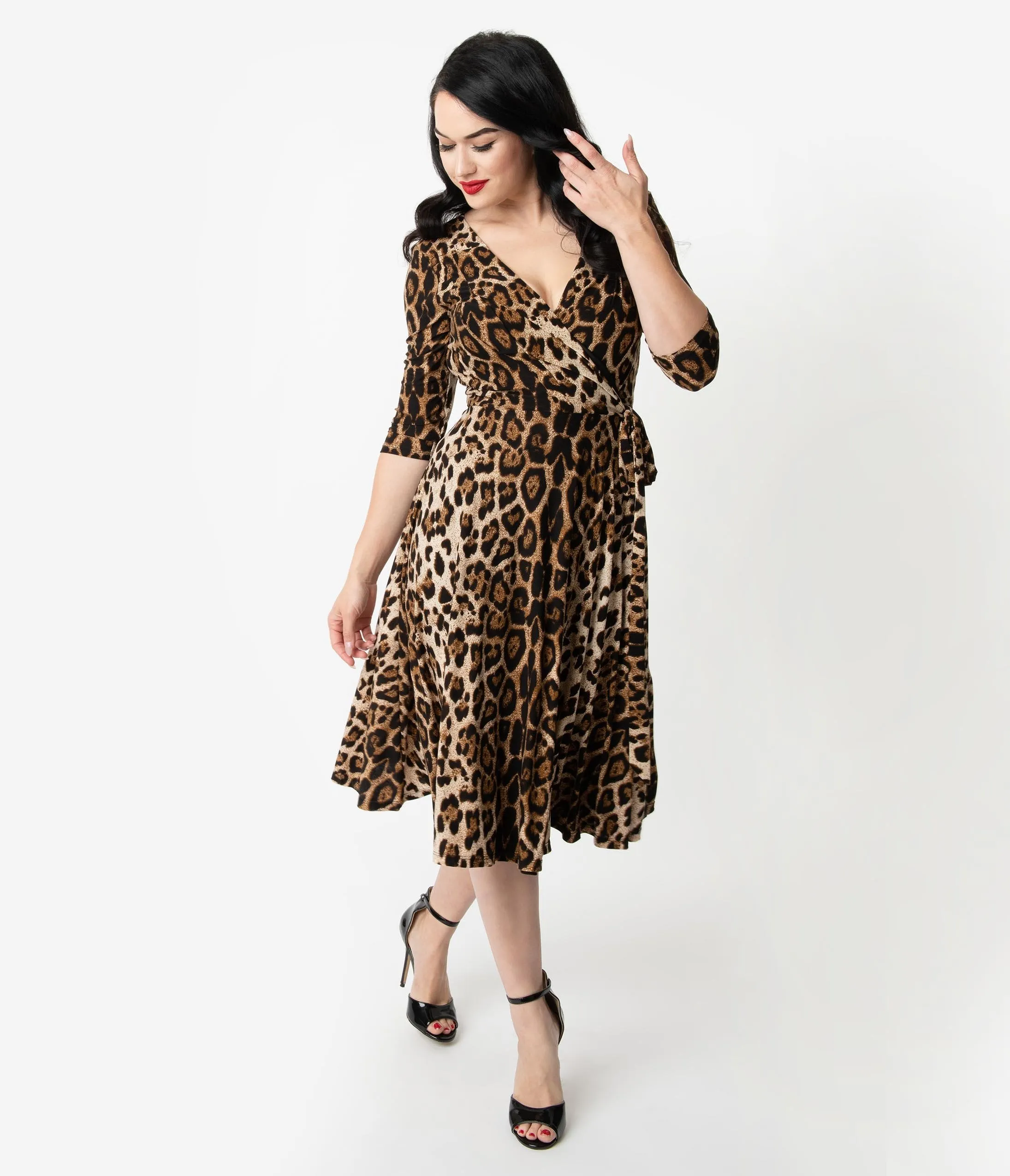 Unique Vintage Leopard Print Sleeved Kelsie Wrap Dress