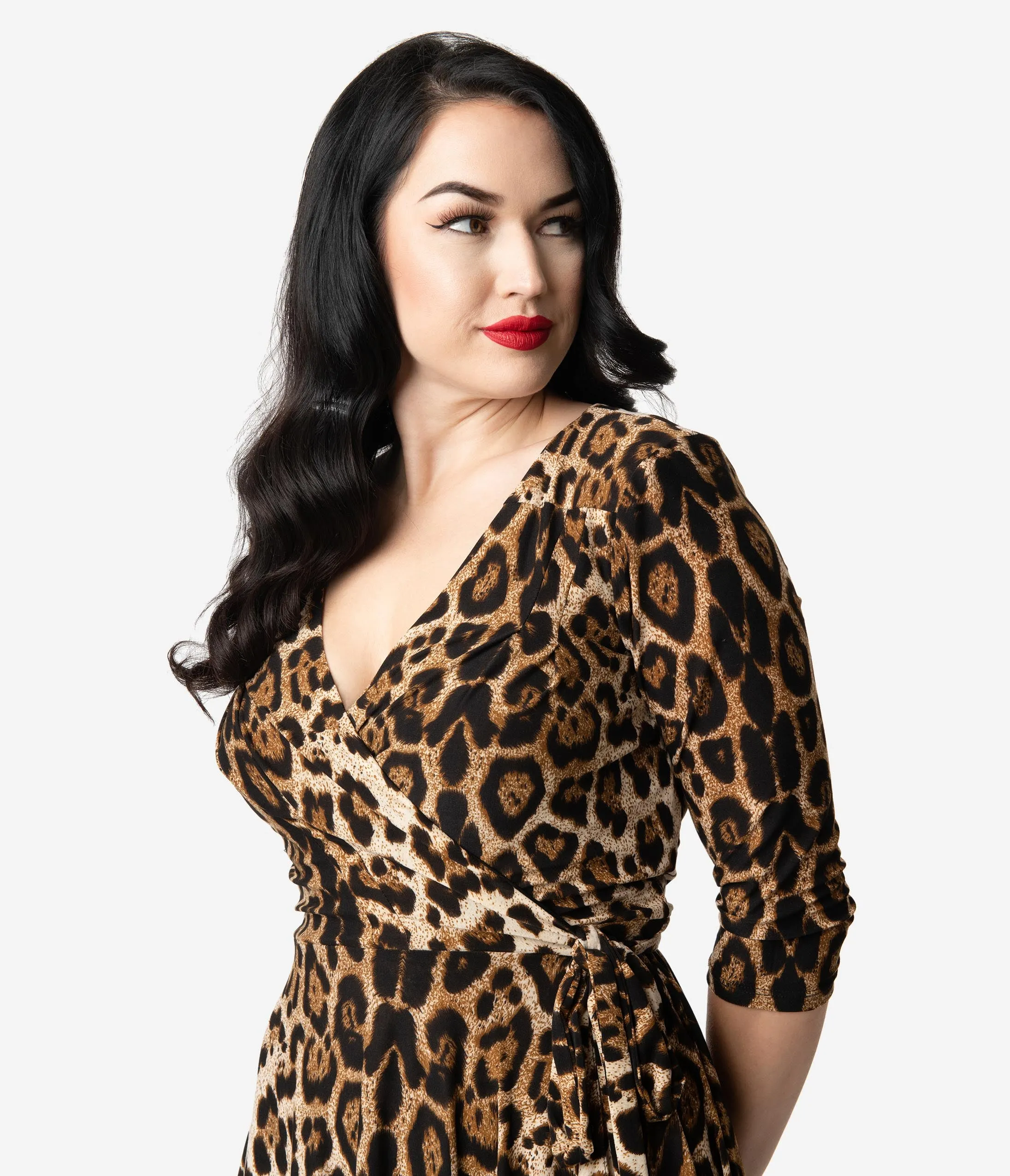 Unique Vintage Leopard Print Sleeved Kelsie Wrap Dress