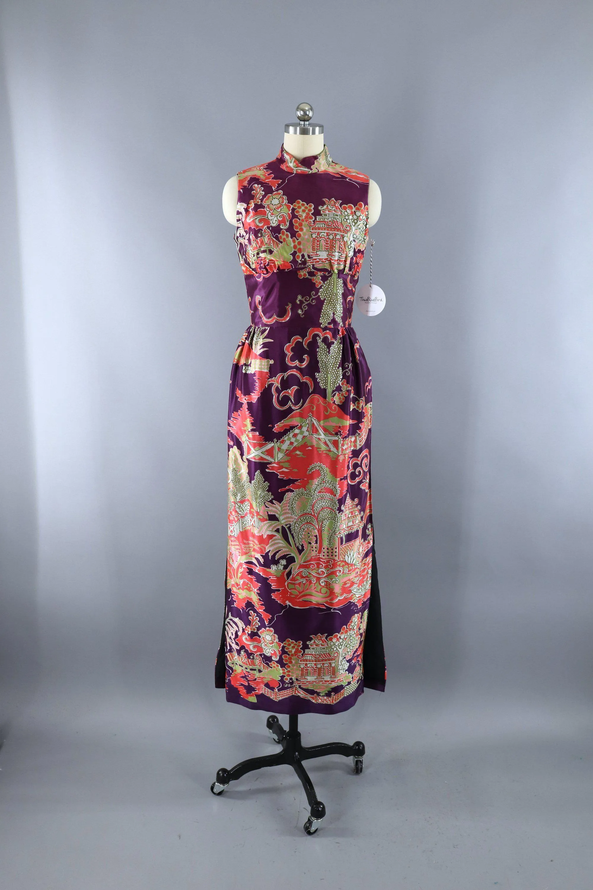 Vintage 1960s Vietnamese Ao Dai Tunic Dress / Purple Pagoda Print