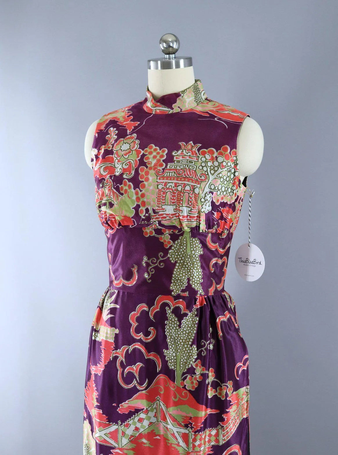 Vintage 1960s Vietnamese Ao Dai Tunic Dress / Purple Pagoda Print