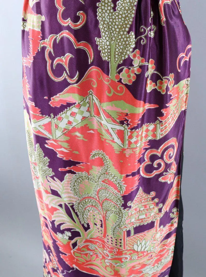 Vintage 1960s Vietnamese Ao Dai Tunic Dress / Purple Pagoda Print