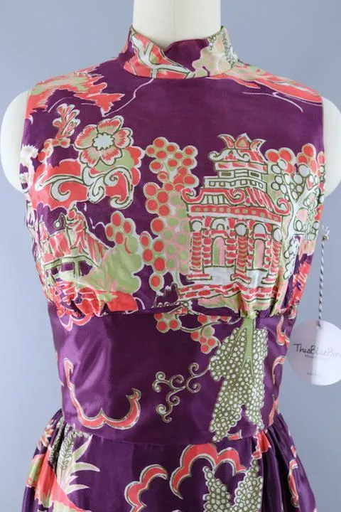 Vintage 1960s Vietnamese Ao Dai Tunic Dress / Purple Pagoda Print