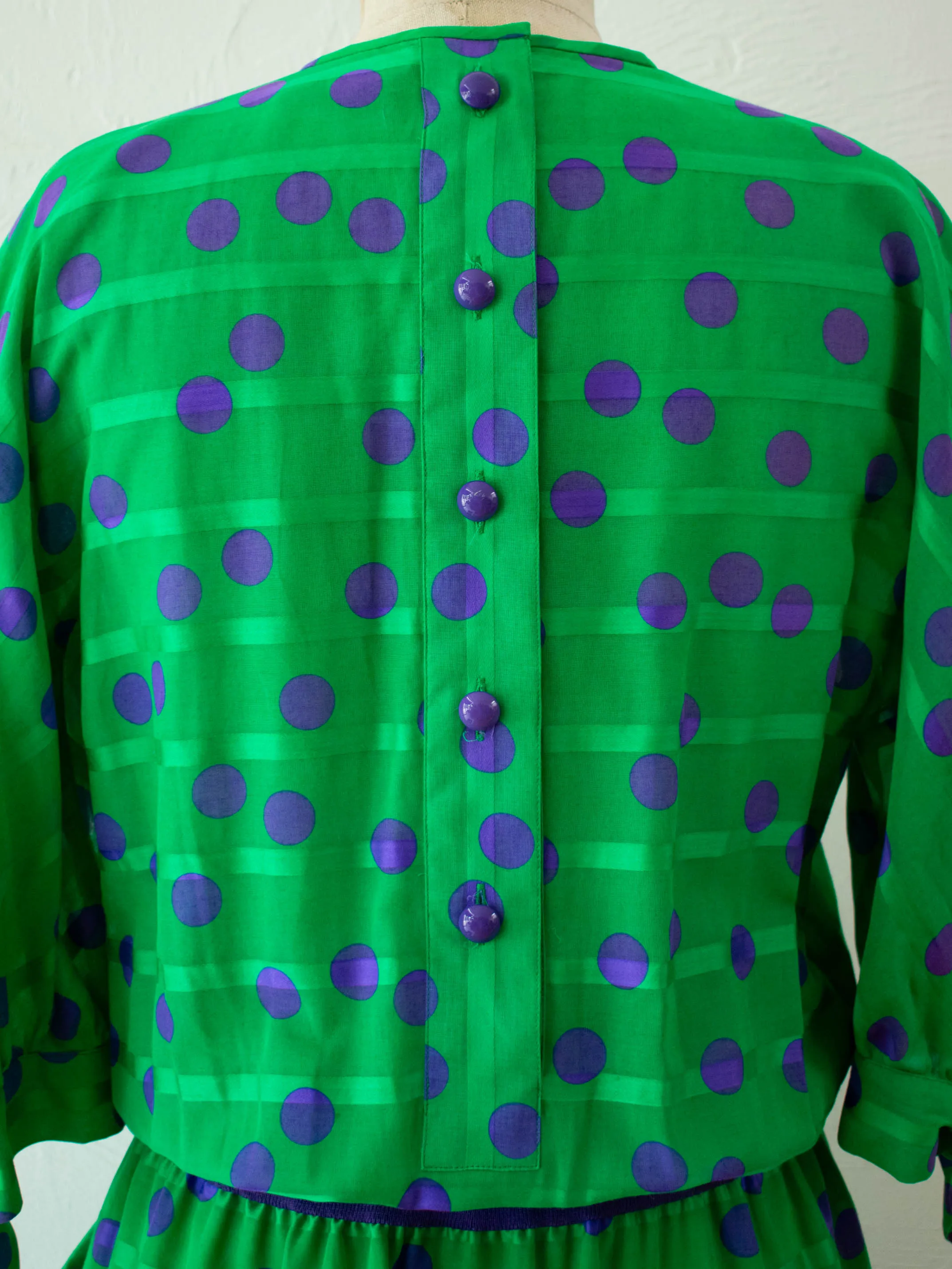 Vintage 1980s AKRIS Green & Purple Polka Dot Dress M