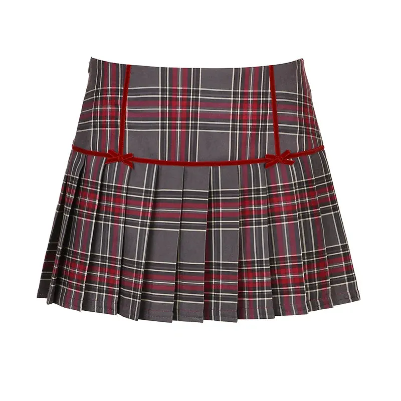 Vintage Fashion Y2K Plaid Skirt Women 90s Aesthetic Bow Checkered Pleated Skirt Mini Preppy Style Bottom Stitched