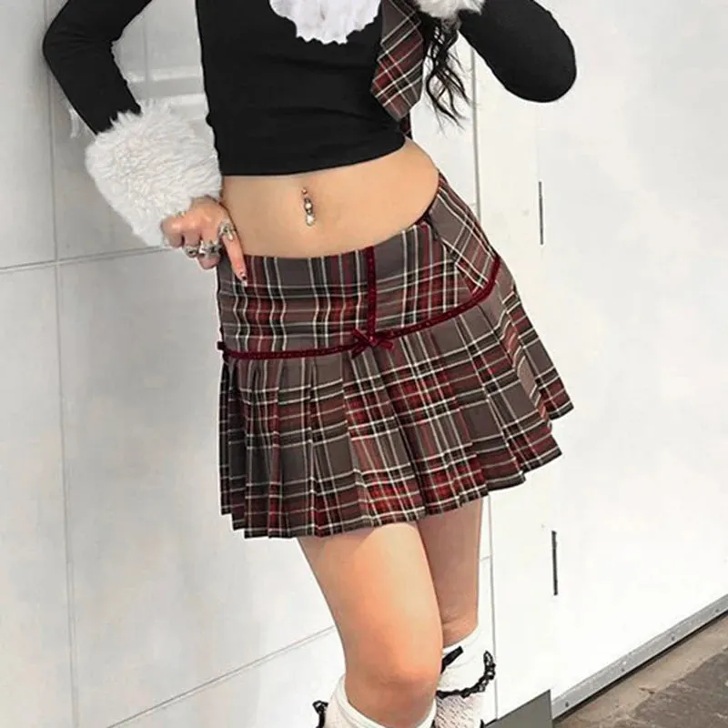 Vintage Fashion Y2K Plaid Skirt Women 90s Aesthetic Bow Checkered Pleated Skirt Mini Preppy Style Bottom Stitched