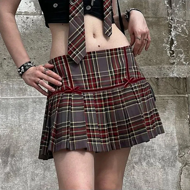 Vintage Fashion Y2K Plaid Skirt Women 90s Aesthetic Bow Checkered Pleated Skirt Mini Preppy Style Bottom Stitched