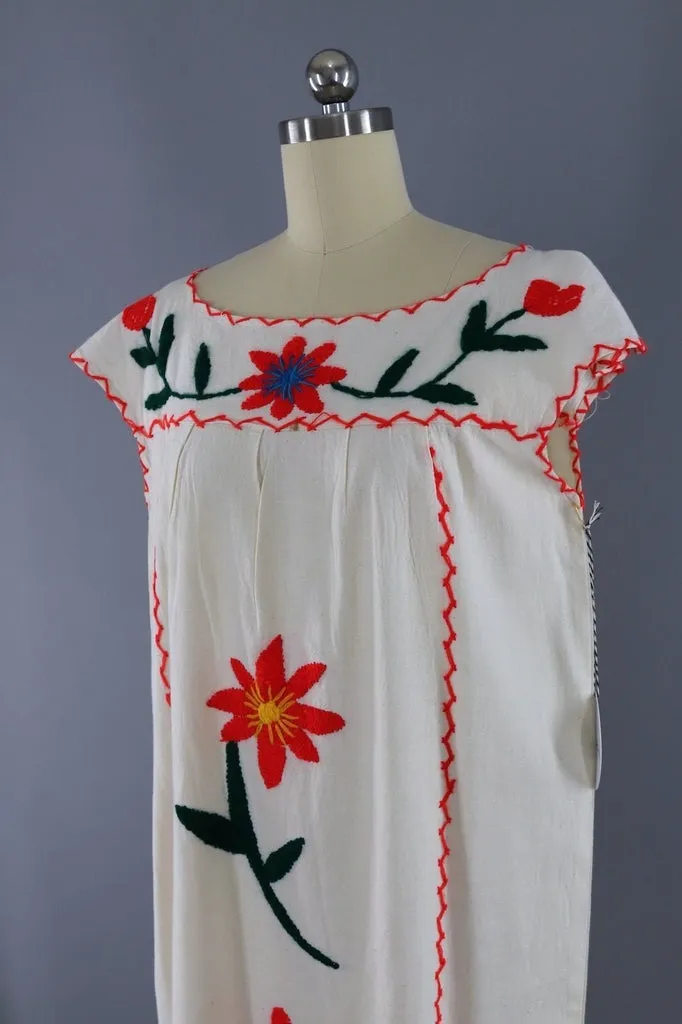 Vintage Mexican Cotton Caftan / Red Embroidered Flowers