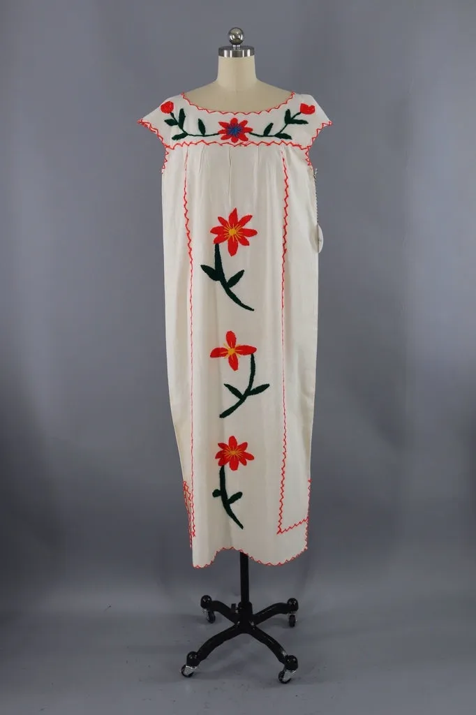 Vintage Mexican Cotton Caftan / Red Embroidered Flowers