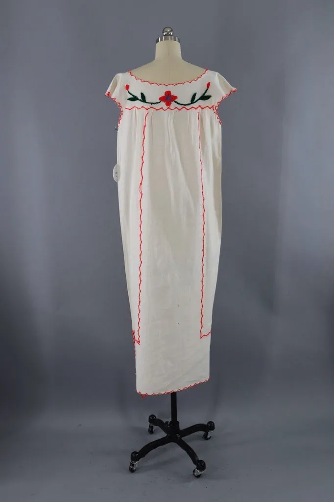 Vintage Mexican Cotton Caftan / Red Embroidered Flowers