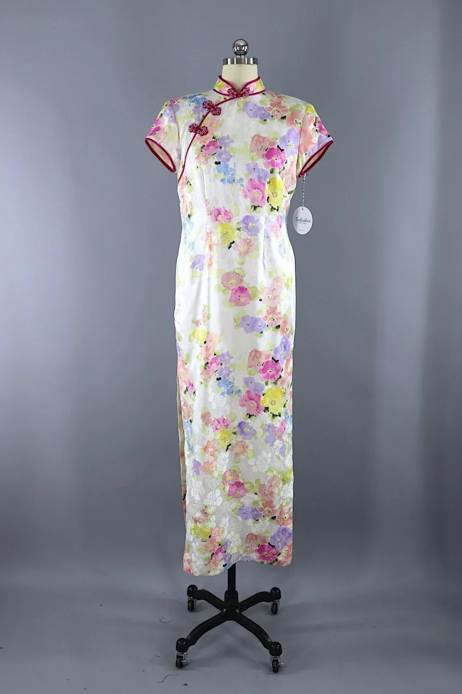 Vintage White Floral Print Silk Qipao Cheongsam Dress