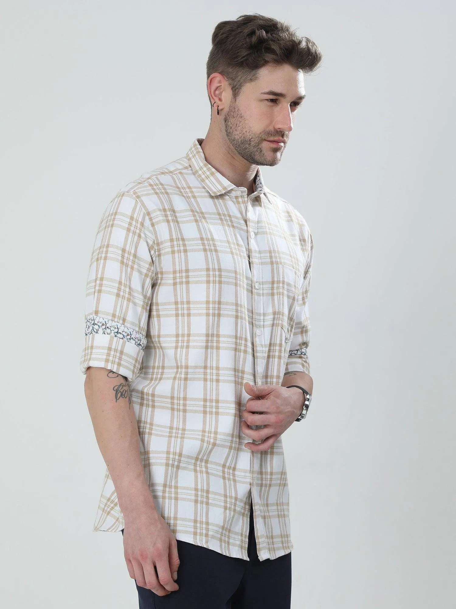 White and Cream Checkered Cotton Shirt