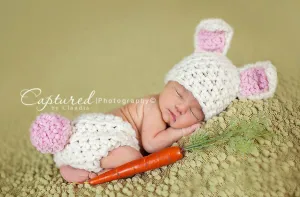 White Bunny Hat Diaper Cover Set Newborn Baby