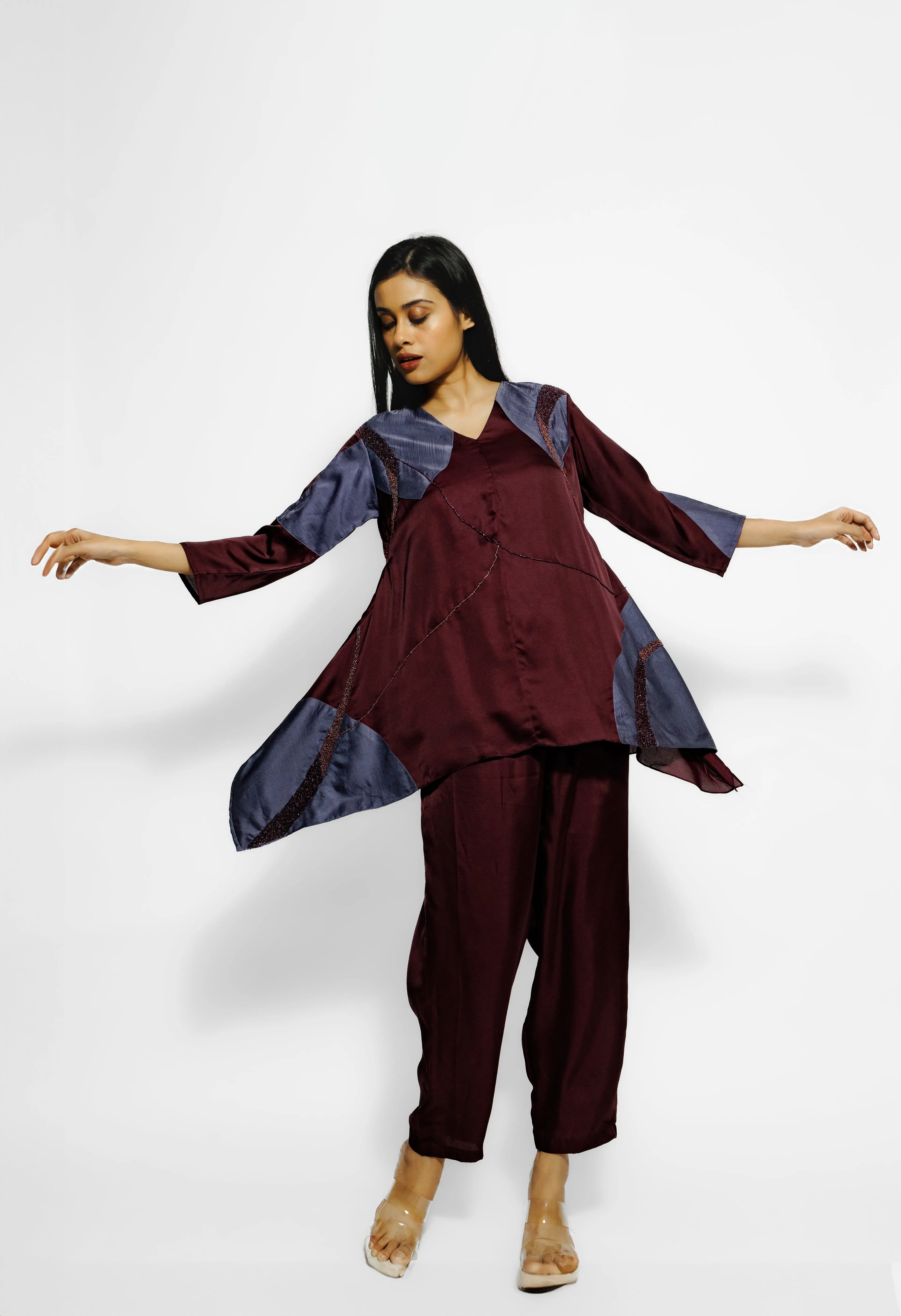 Wine Embroidered Mulberry Silk Co-Ord Set