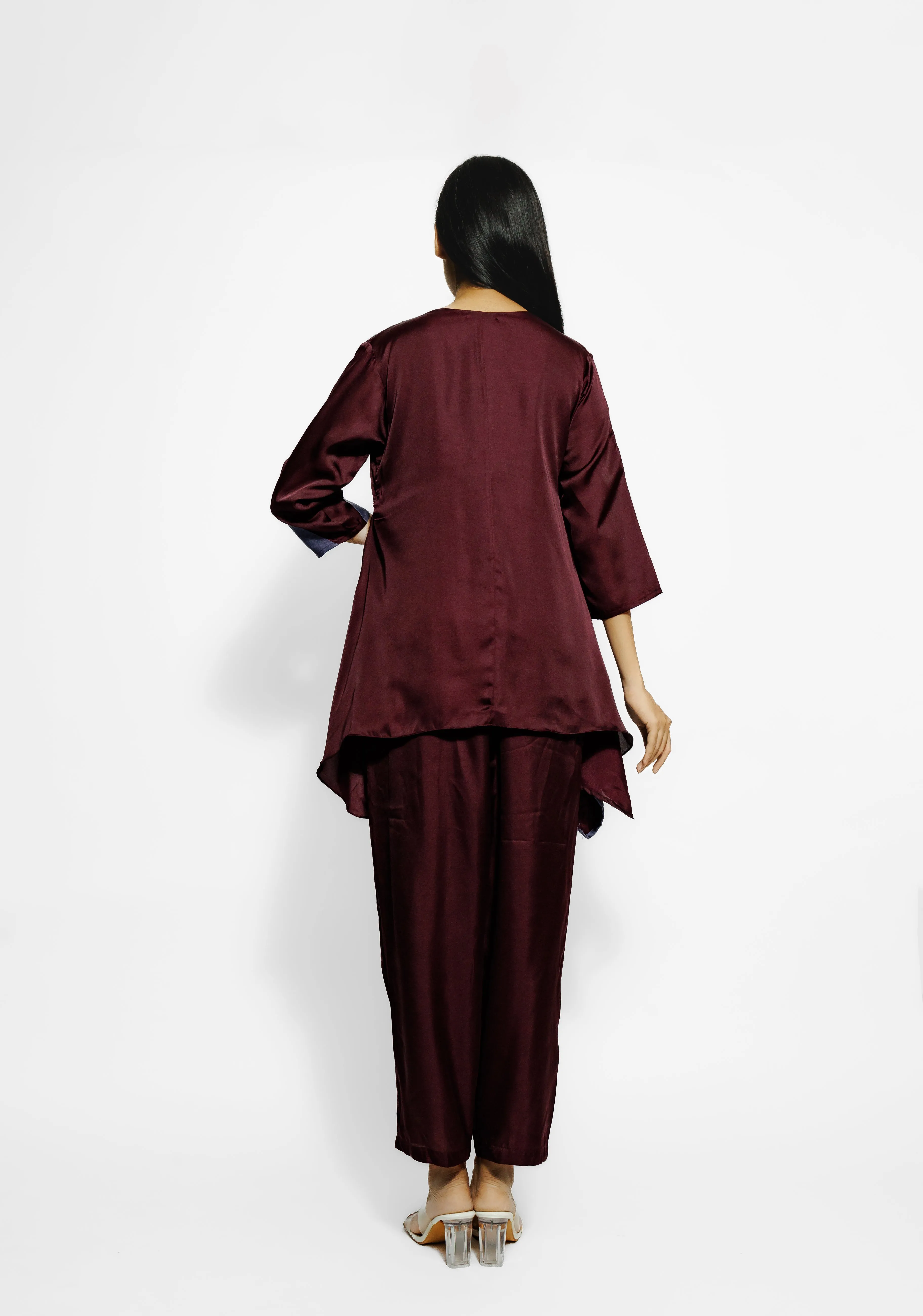 Wine Embroidered Mulberry Silk Co-Ord Set