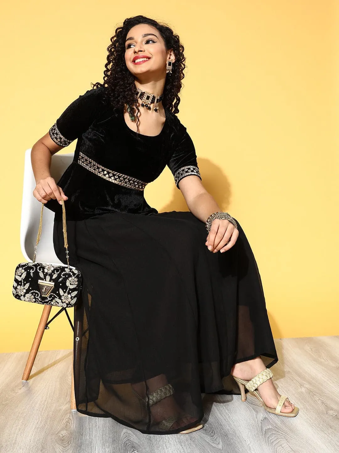 Women Black Embroidered Peplum Anarkali Maxi Dress