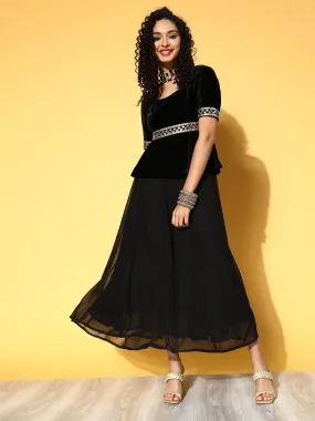 Women Black Embroidered Peplum Anarkali Maxi Dress