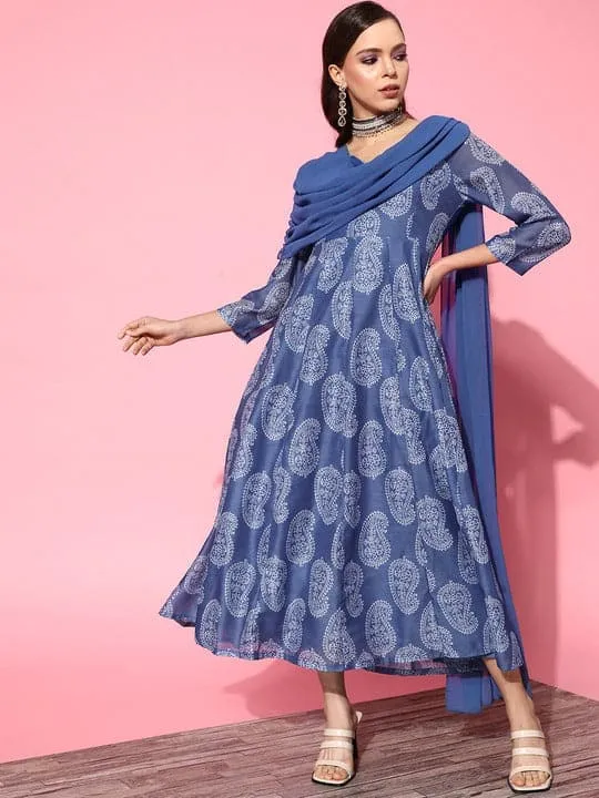 Women Blue Chanderi Paisley Blue Attached Dupatta Dress