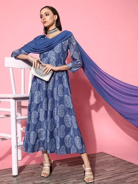 Women Blue Chanderi Paisley Blue Attached Dupatta Dress