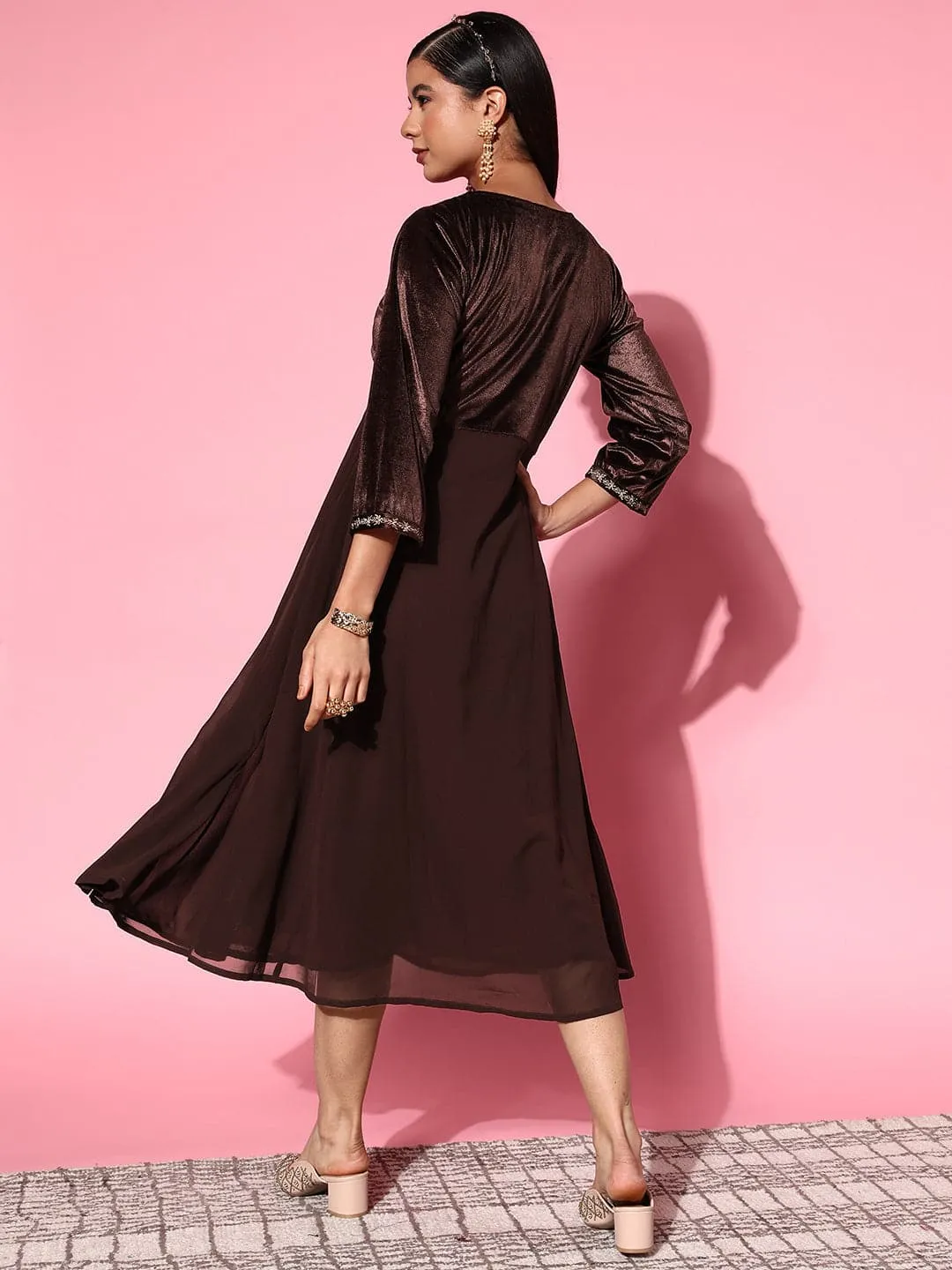 Women Brown Velvet Zari Embroidered Dress