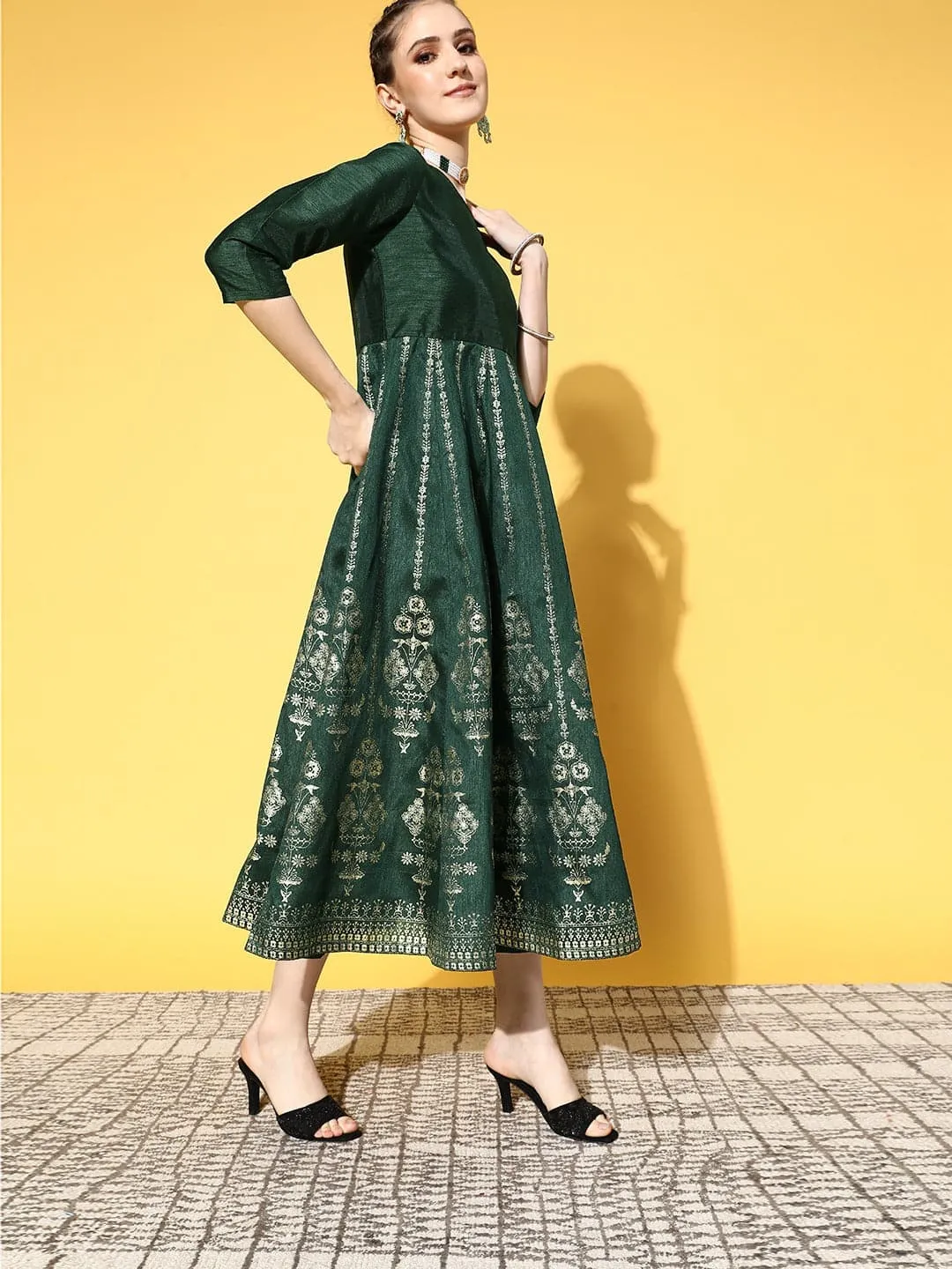 Women Emerald Green Foil Print Anarkali Dress