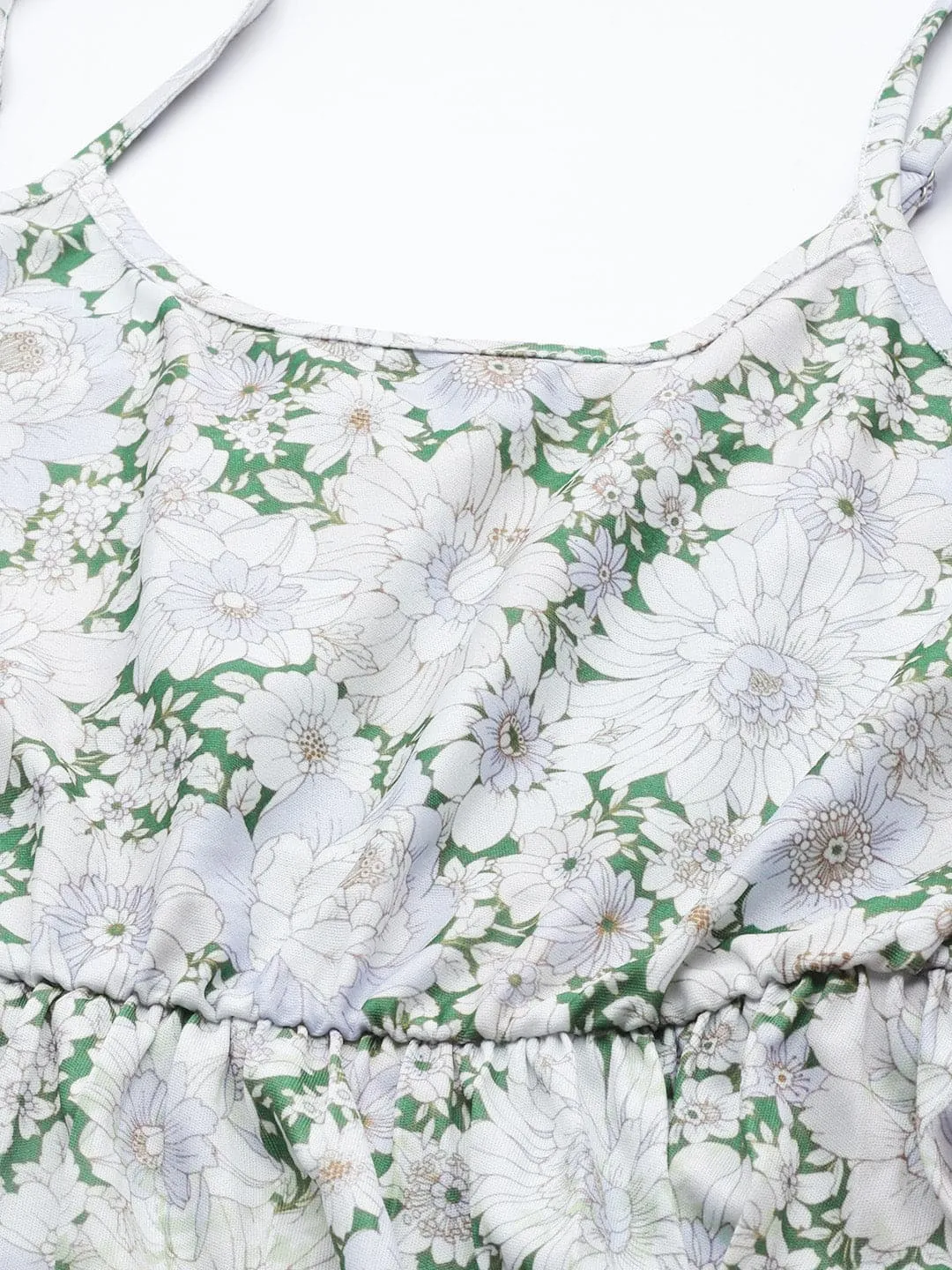 Women Green Floral Strappy Asymmetric Hem Dress