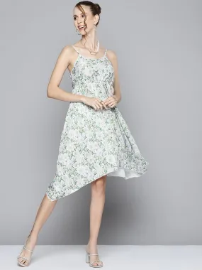 Women Green Floral Strappy Asymmetric Hem Dress