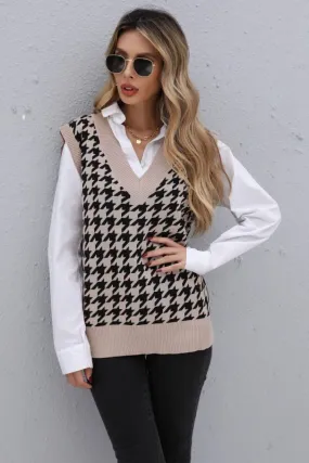 Women Houndstooth V-Neck Knit Vest