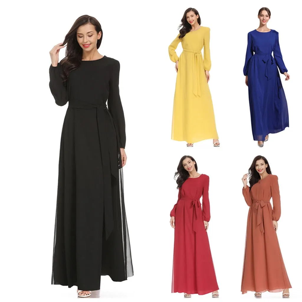 Women Islamic Muslim Abaya Maxi Dress Long Sleeve Muslim Maxi Dress Trumpet Sleeve Abaya Long Robe Gowns Tunic Belt  Z416