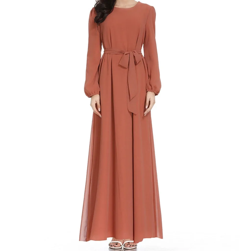 Women Islamic Muslim Abaya Maxi Dress Long Sleeve Muslim Maxi Dress Trumpet Sleeve Abaya Long Robe Gowns Tunic Belt  Z416