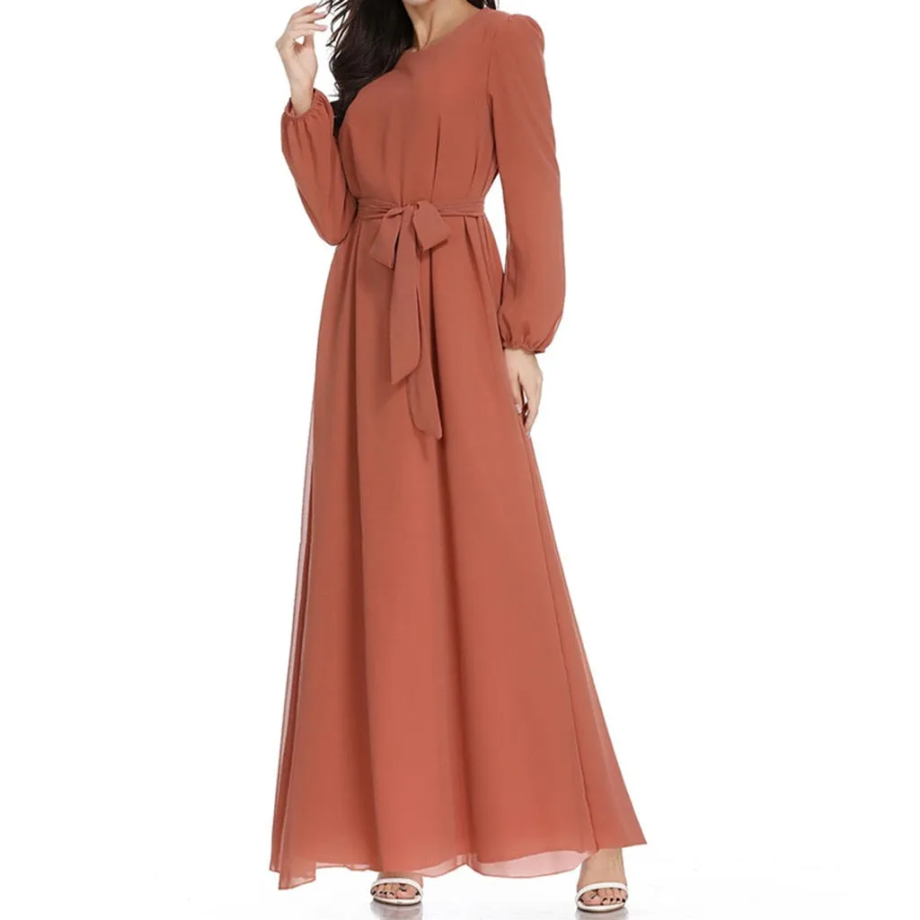 Women Islamic Muslim Abaya Maxi Dress Long Sleeve Muslim Maxi Dress Trumpet Sleeve Abaya Long Robe Gowns Tunic Belt  Z416