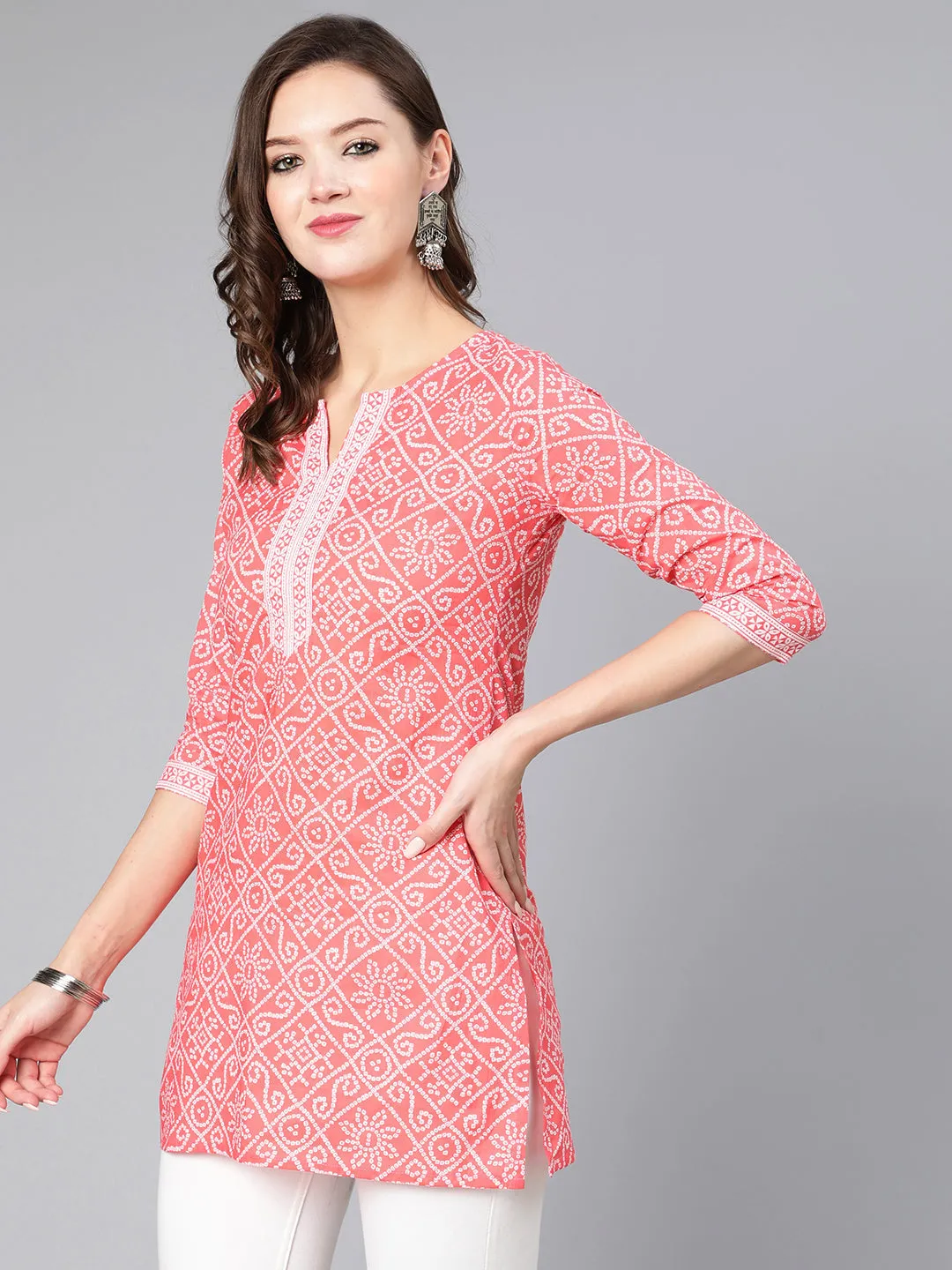 Women Pink Bandhani Printed Straight Tunic