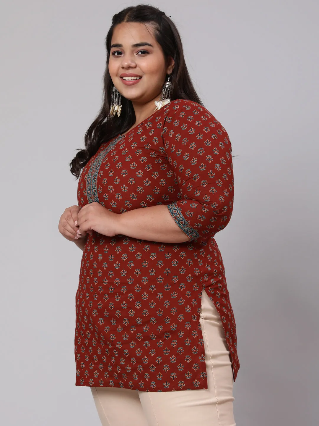 Women Plus Size Maroon Ethnic Tunic With Three Quarter Sleeves