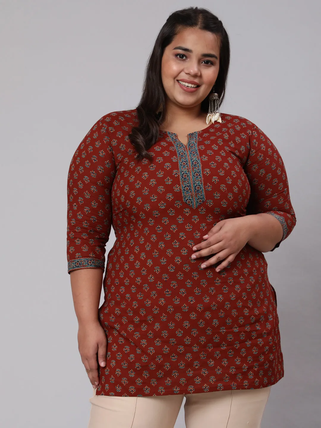 Women Plus Size Maroon Ethnic Tunic With Three Quarter Sleeves