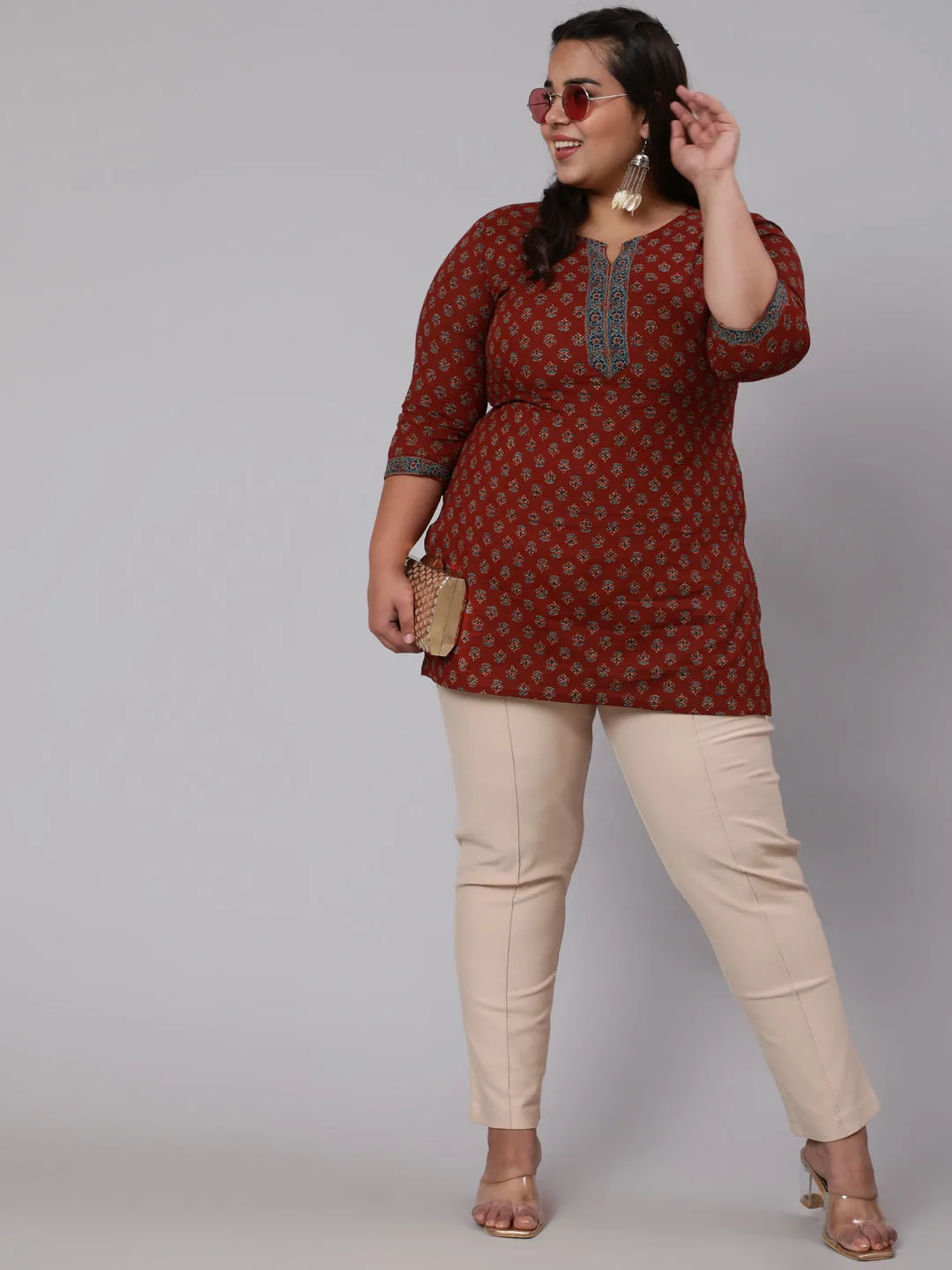 Women Plus Size Maroon Ethnic Tunic With Three Quarter Sleeves