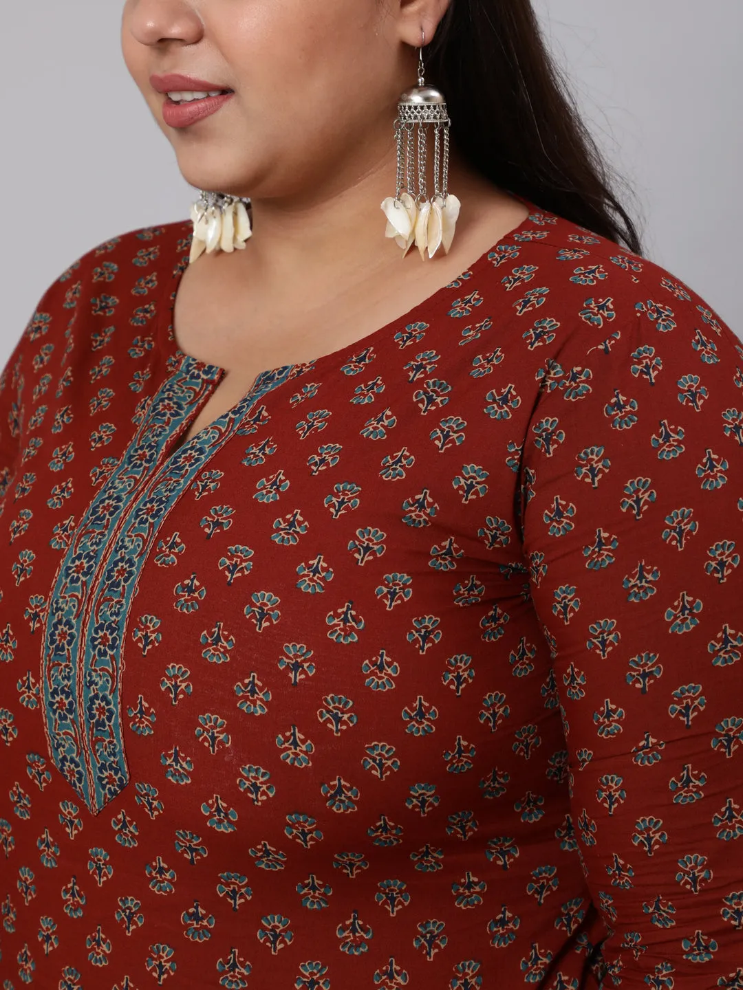 Women Plus Size Maroon Ethnic Tunic With Three Quarter Sleeves