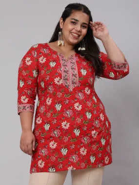 Women Plus Size Red Ethnic Tunic With Three Quarter Sleeves