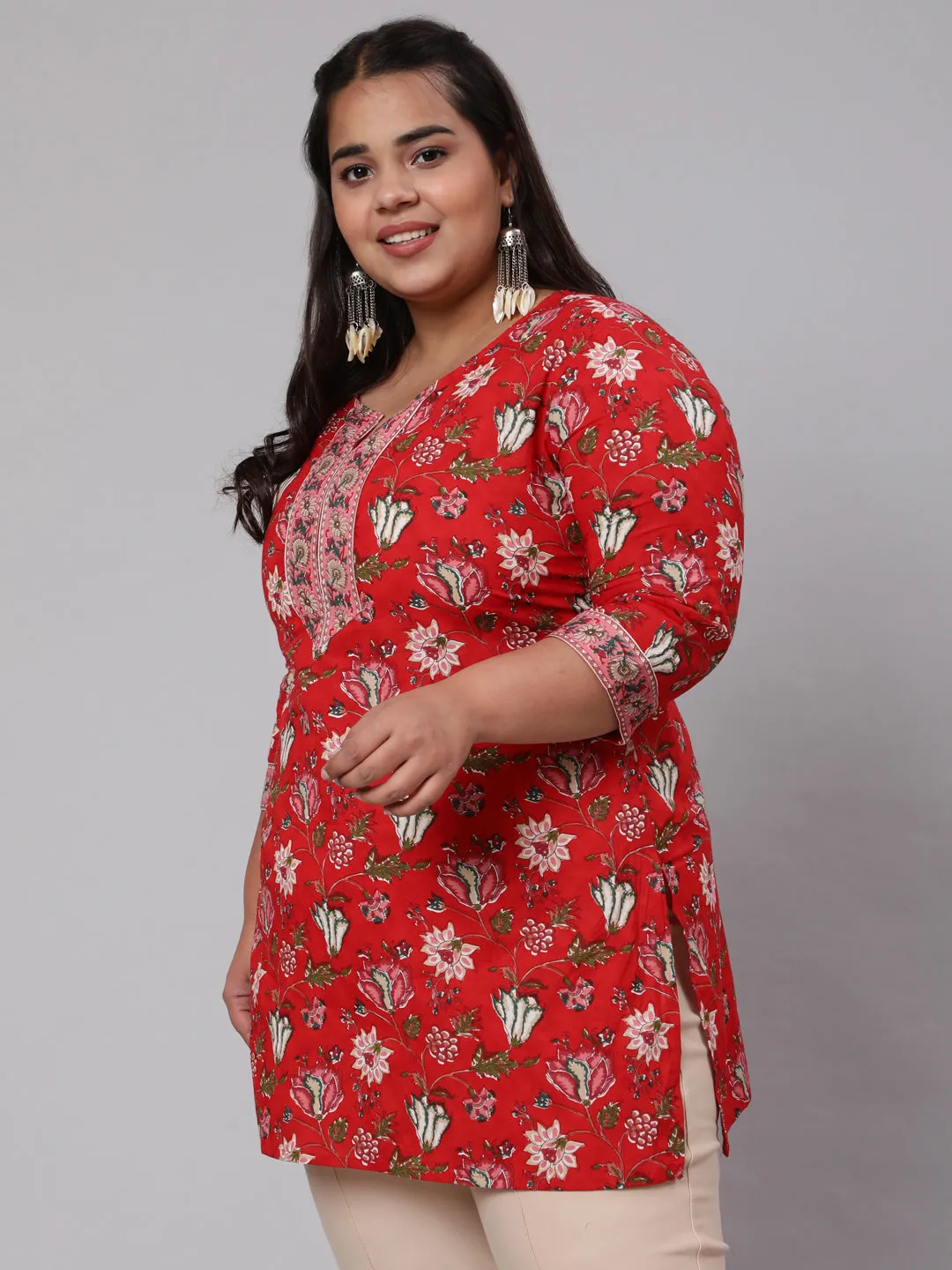 Women Plus Size Red Ethnic Tunic With Three Quarter Sleeves