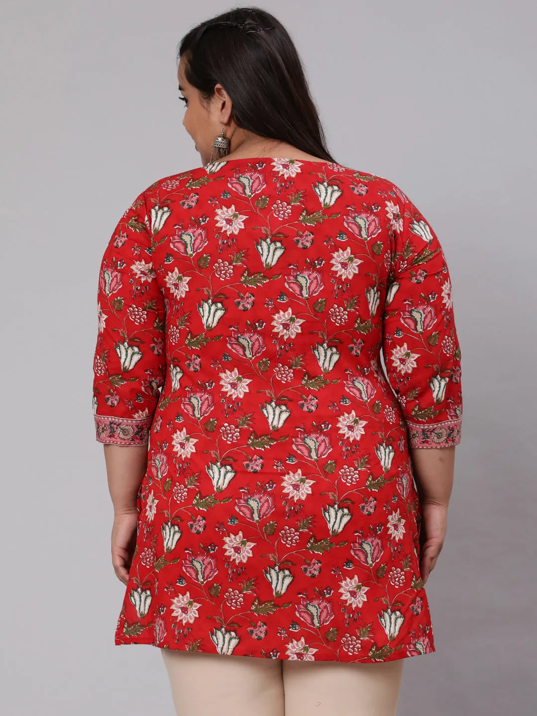 Women Plus Size Red Ethnic Tunic With Three Quarter Sleeves