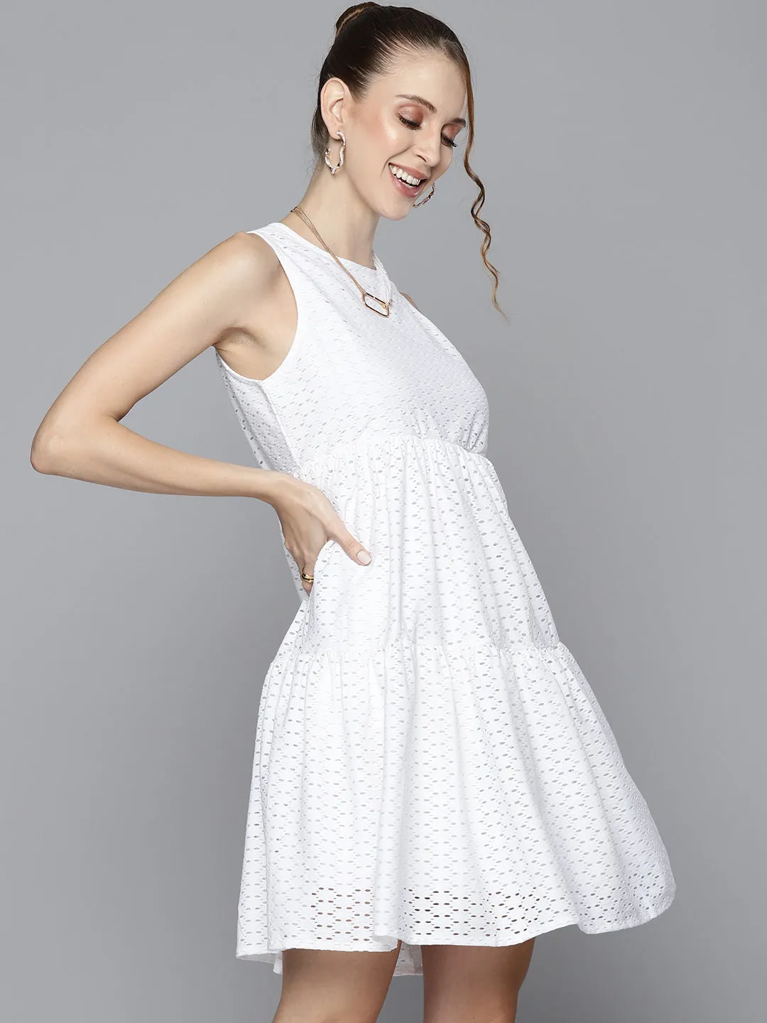 Women White Schiffli Knee Length Tiered Dress