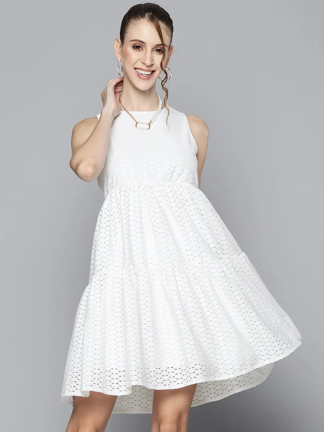 Women White Schiffli Knee Length Tiered Dress