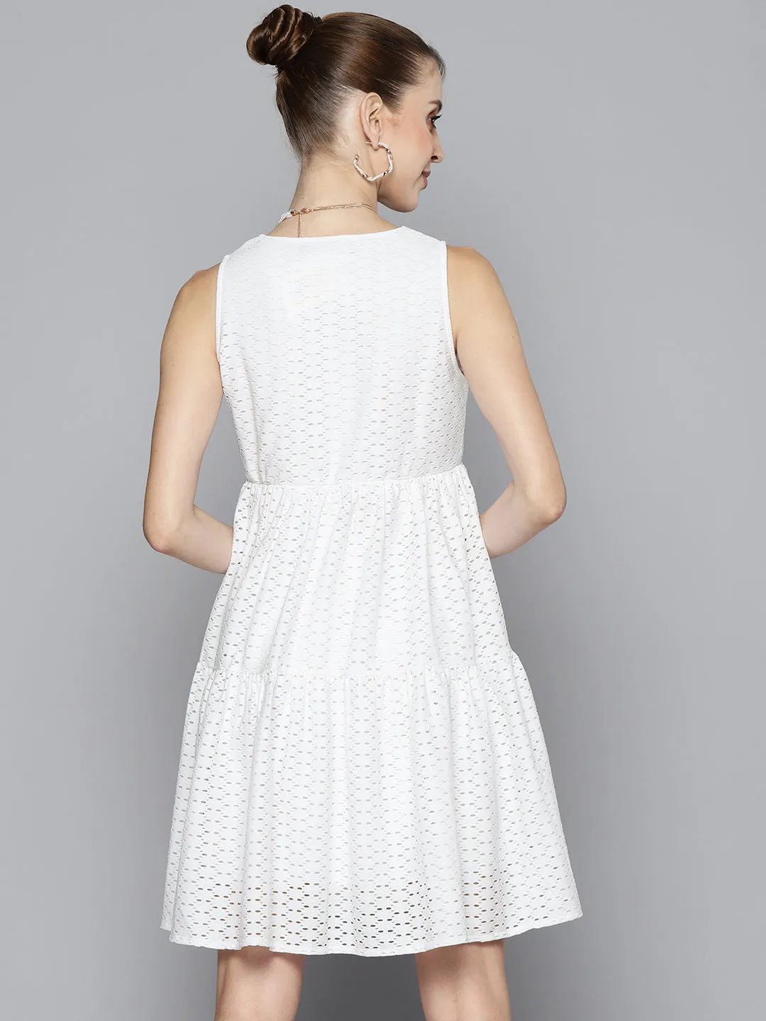 Women White Schiffli Knee Length Tiered Dress