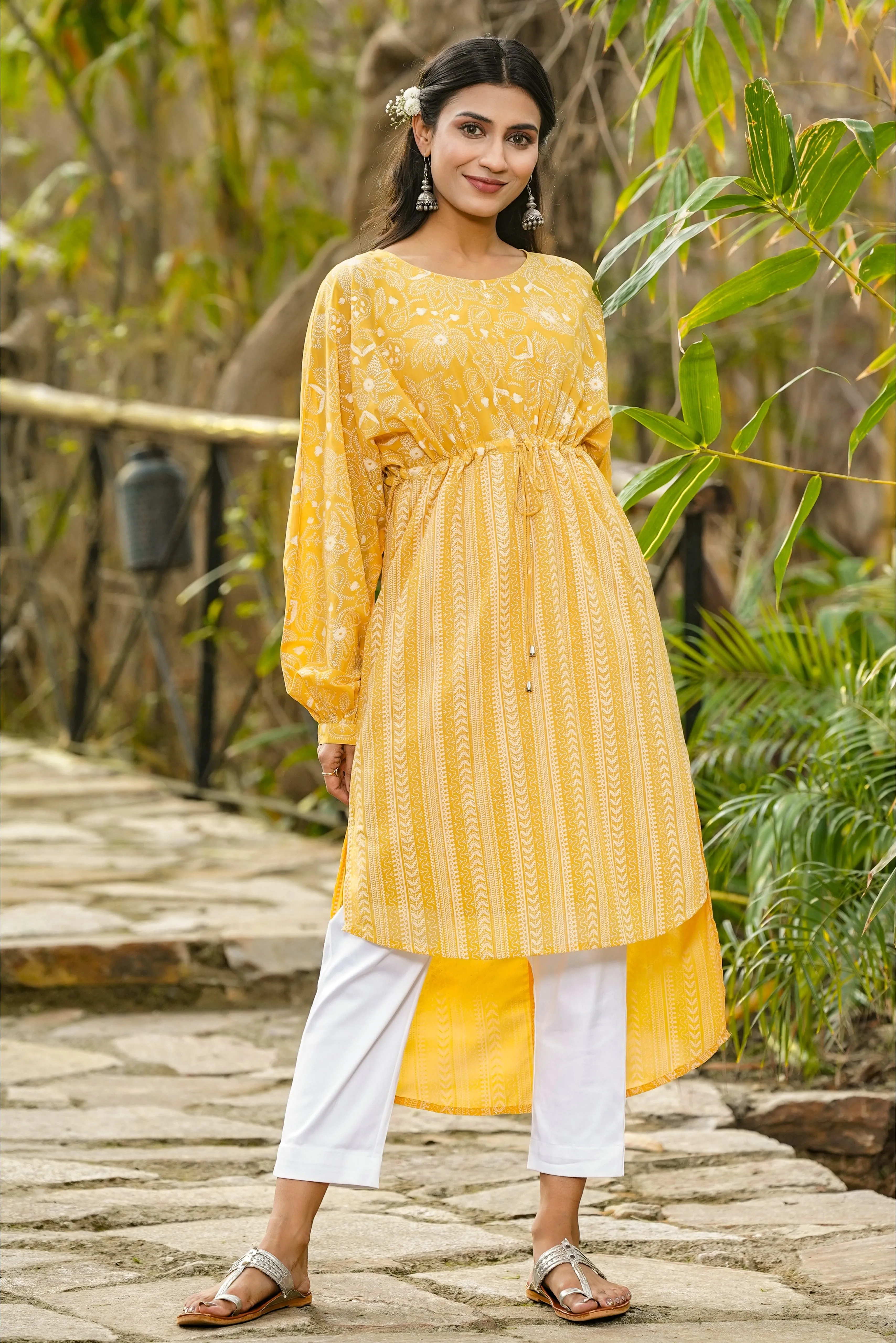 Women Yellow Georgette Printed Tunic